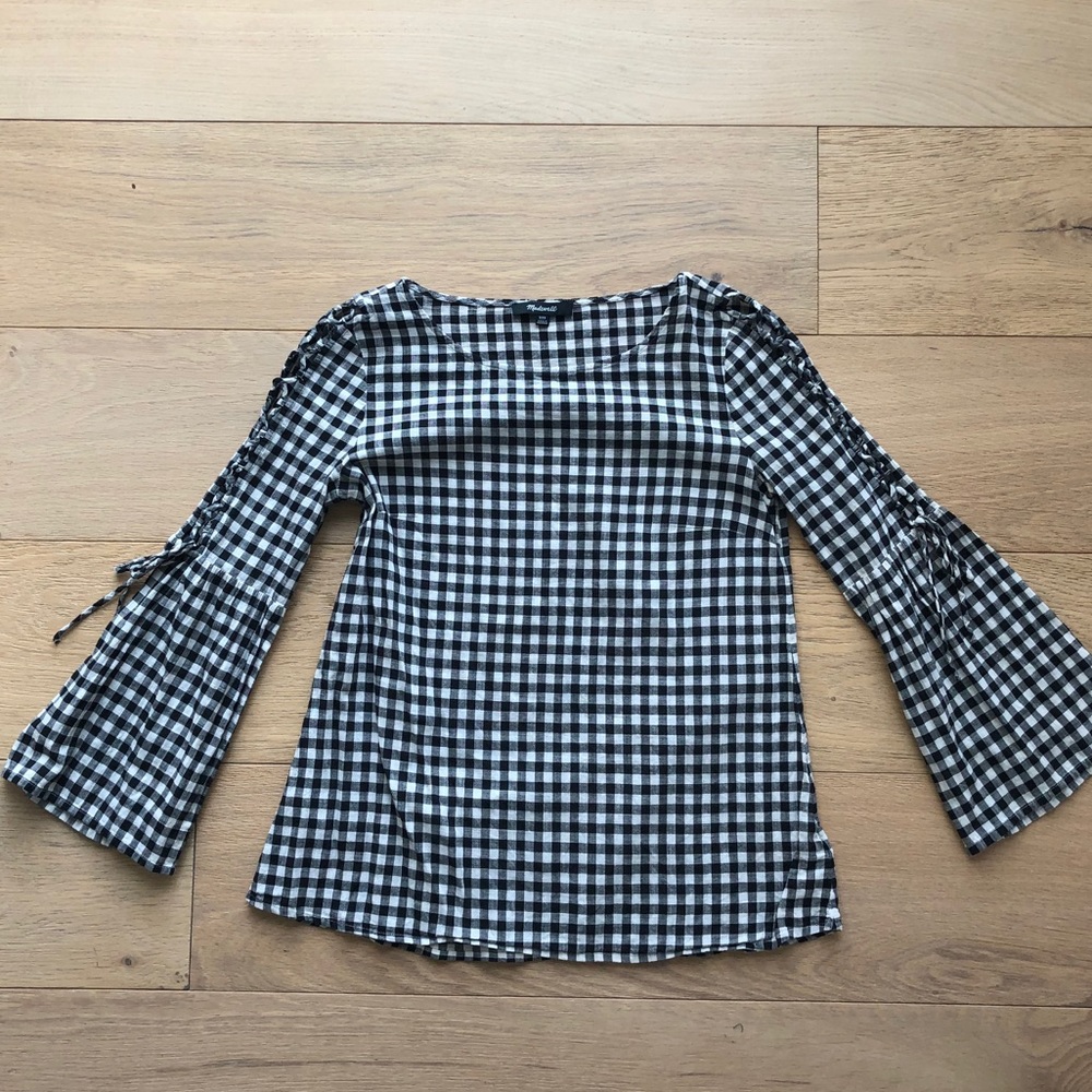 Madewell Lace-Up Sleeve Gingham Blouse